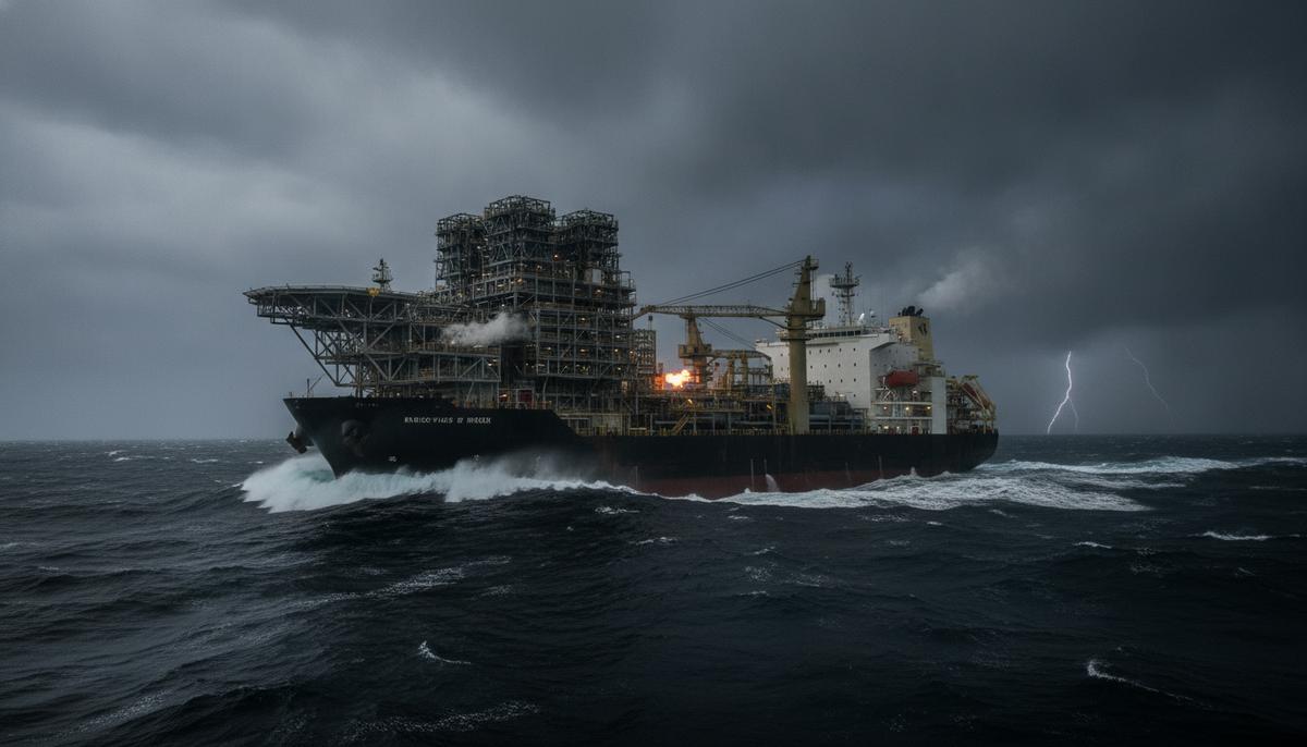 Плавучая нефтедобывающая установка со стальными модулями и кранами в штормовых водах Баренцева моря.