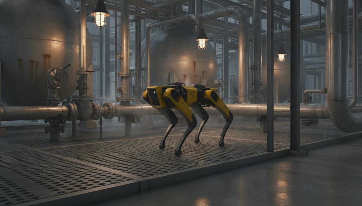 Стартовали поставки робота ANYmal X для опасных зон нефтегазовой отрасли Четырехногий промышленный робот на металлической платформе среди труб и оборудования нефтезавода.