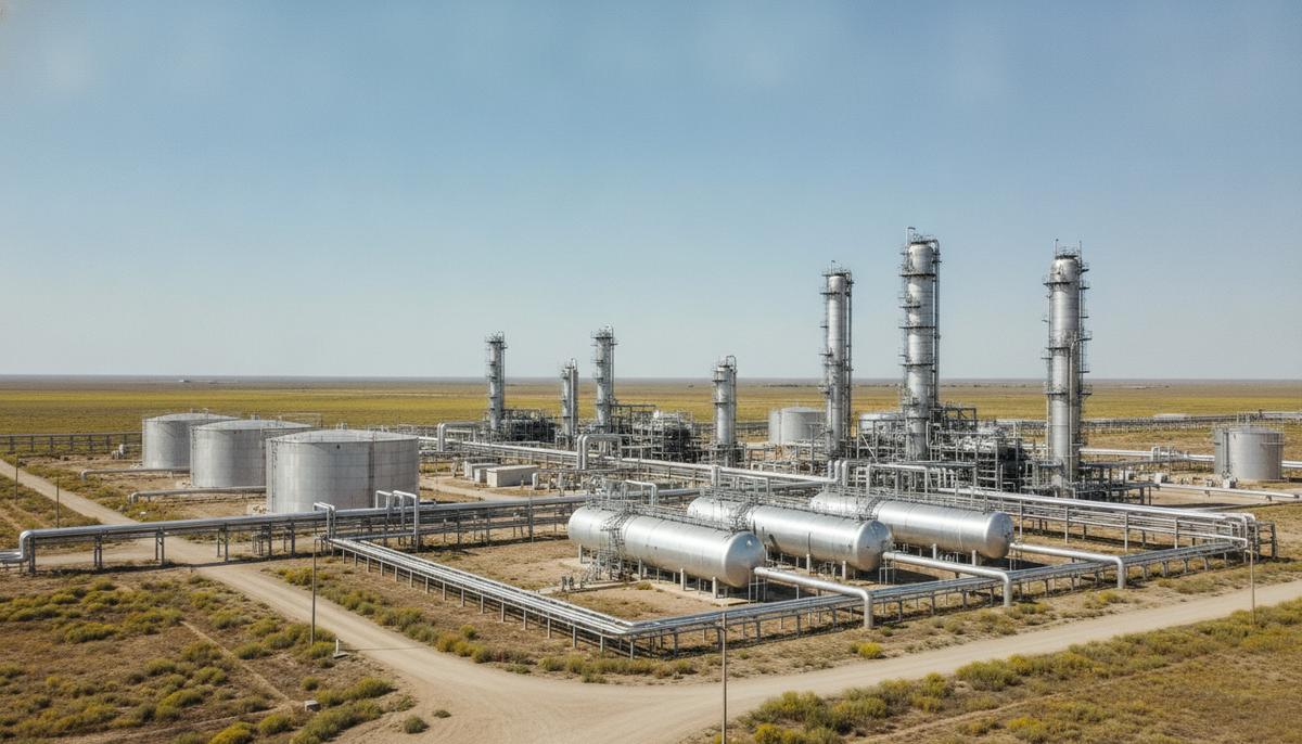 Промышленный газоперерабатывающий комплекс с сетью серебристых трубопроводов, резервуарами и высокими башнями в поле.
