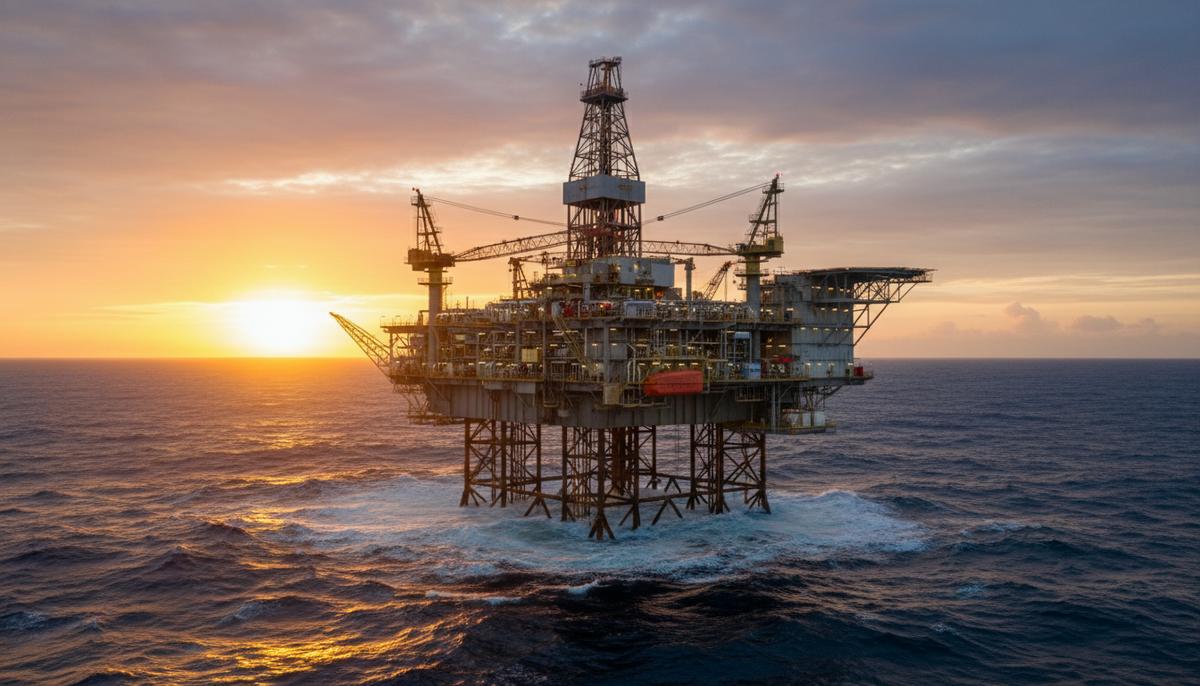 Saipem и Modern Drilling Company договорились о морском бурении в Египте Морская нефтяная буровая платформа со стальными вышками в открытом океане на фоне яркого рассвета.